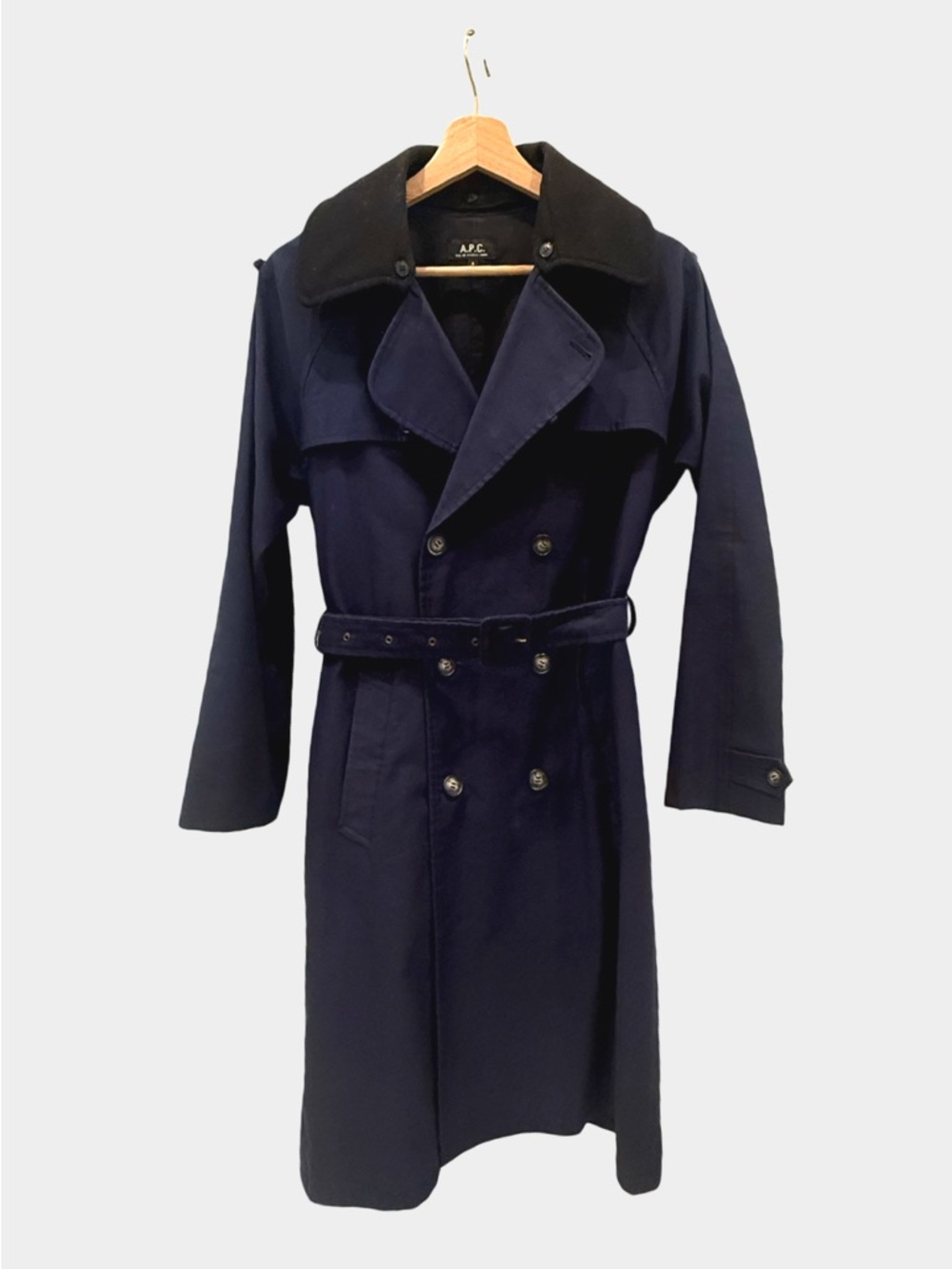 A.P.C. Navy Double-Breasted Trench with Contrast Collar